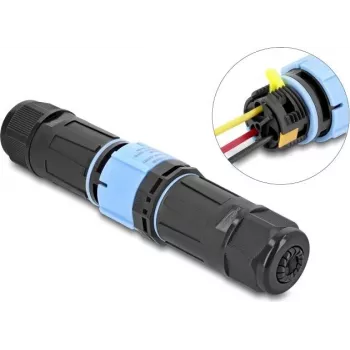 Delock Kabelverbinder mit Bajonettverschluss 3-polig Stecker auf Buchse, IP68 wasserdicht für Kabeldurchmesser 5 - 9 mm, inkl. Dichtungen für 9 - 12 mm, werkzeuglos, Schwarz (87249)