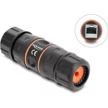 Delock RJ45 Kupplung Buchse zu Buchse Cat.6A mit M23,5 x 1,5 mm Gewinde, kurze Bauform, IP68 staub- und wasserdicht