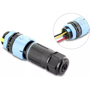 Delock Kabelverbinder mit Bajonettverschluss 3-polig Stecker auf Buchse mit Gehäuse für Panelmontage, IP68 wasserdicht für Kabeldurchmesser 5 - 9 mm, inkl. Dichtung für 9 - 12 mm, werkzeuglos Schwarz (87250)