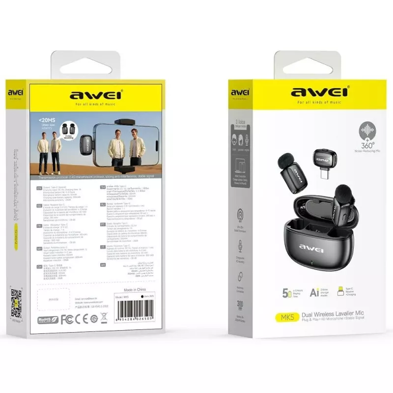 AWEI MK5 Duo Ai-Voice Black Wireless Lavalier Mikrofon