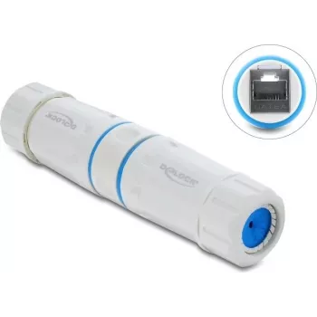 Delock RJ45 Kupplung Buchse zu Buchse Cat.6A mit M23,5 x 1,5 mm Gewinde IP68 staub- und wasserdicht weiß (90661)