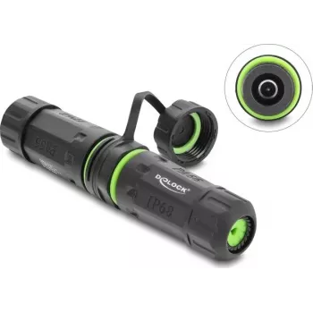 Delock DC Power Connector Coupler 5.5 x 2.1 mm Female to Female mit M20 x 1.5 mm Gewinde und Schutzkappe Gehäuse kompatibel mit Starlink IP68 staub- und wasserdicht (87180)