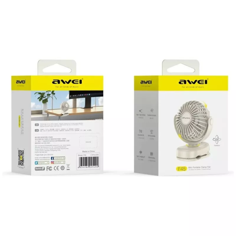 AWEI F45 Mini Tischventilator mit Clip, 1200mAh, Weiß