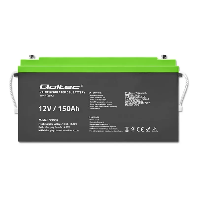 Qoltec 12V 150Ah Gel-Batterie (GEL) - VRLA, wartungsfrei, 41,8 kg