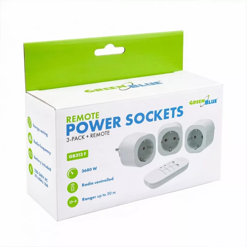 GREENBLUE GB313 F Funk-Steckdosenleiste mit 3 Steckdosen und 433,92 MHz Funkfernbedienung, 2300 W, Typ F
