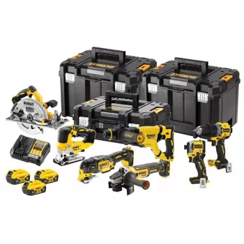 DEWALT 18V XR 7-Tool Combo Kit DCK706P3T mit 3x5.0Ah Akkus, Ladegerät und 3 TSTAK-Koffern (DCD805, DCF850, DCS355, DCH263, DCG405, DCS572, DCS334)