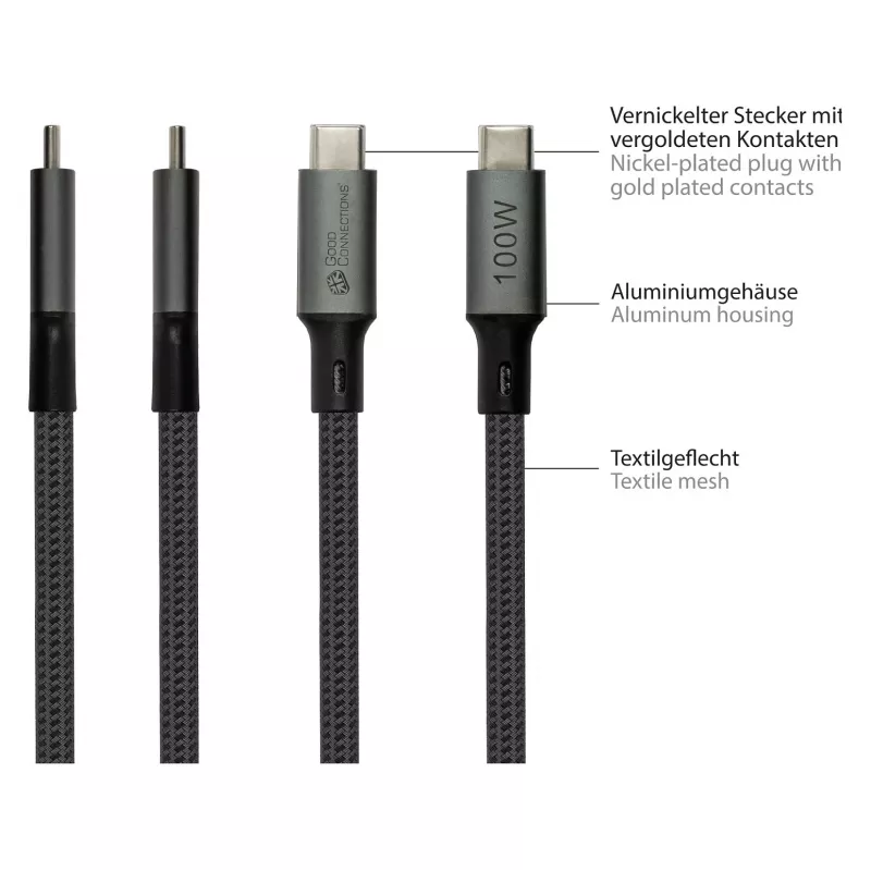 GoodConnections USB-C 4.0 (ST-ST) 1m Geflochtenes Kabel 100W 8K 30Hz Anthrazit