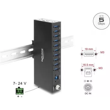 Delock Industrial Hub 10 x USB 5 Gbps Type-A mit 8 kV ESD-Schutz und DIN-Schienenmontage (60792)