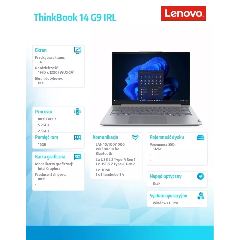 Laptop Lenovo ThinkBook 14 G9 IRL Intel Core 7 240H 16GB 512GB SSD 14,0 Zoll WUXGA Arctic Grey Windows 11 Pro 3Y Onsite + 1Y CID + CO2 Offset