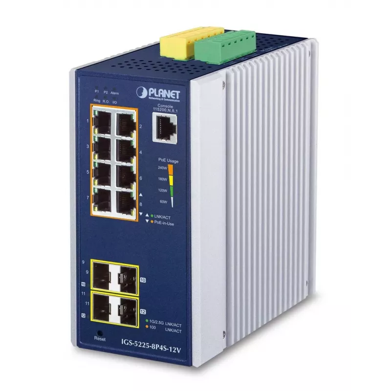 PLANET Industrial 8-Port GE PoE+ 2x 1G SFP + 2x 2.5G SFP Managed L2+ Gigabit Ethernet Switch, Aluminium, Blue