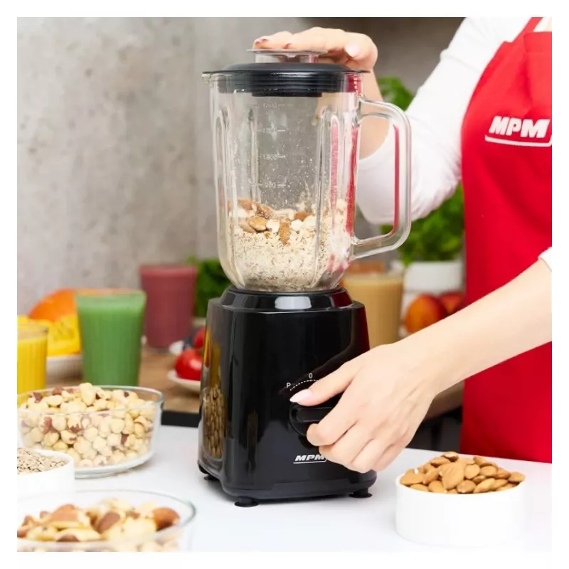 MPM MBL-37 Mixer, 500 W, 1,5 L Glasbehälter, Edelstahlklinge, 2 Geschwindigkeiten, Pulsfunktion, Eiszerkleinerung, Schwarz