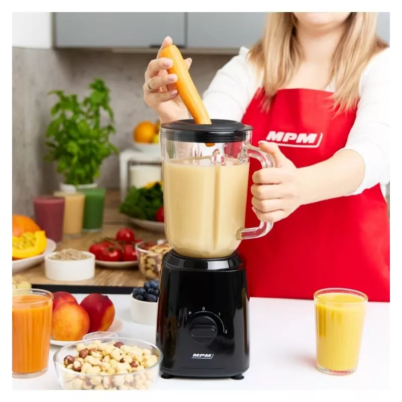 MPM MBL-37 Mixer, 500 W, 1,5 L Glasbehälter, Edelstahlklinge, 2 Geschwindigkeiten, Pulsfunktion, Eiszerkleinerung, Schwarz