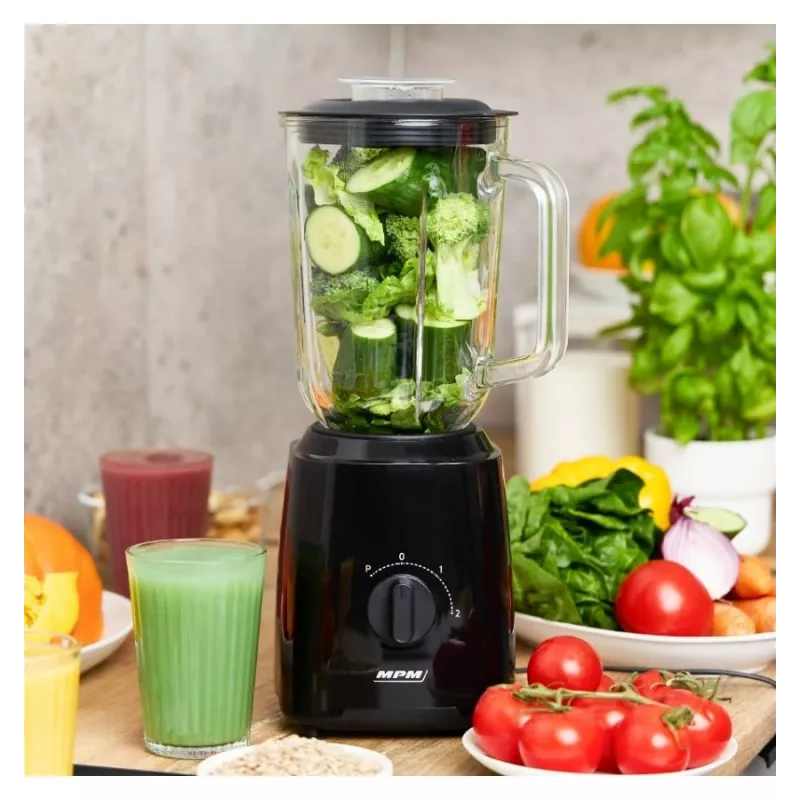 MPM MBL-37 Mixer, 500 W, 1,5 L Glasbehälter, Edelstahlklinge, 2 Geschwindigkeiten, Pulsfunktion, Eiszerkleinerung, Schwarz