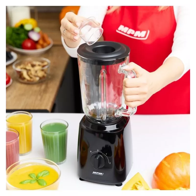 MPM MBL-37 Mixer, 500 W, 1,5 L Glasbehälter, Edelstahlklinge, 2 Geschwindigkeiten, Pulsfunktion, Eiszerkleinerung, Schwarz