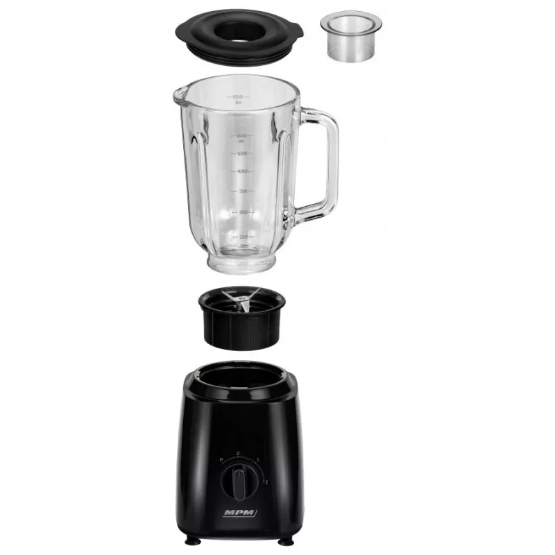 MPM MBL-37 Mixer, 500 W, 1,5 L Glasbehälter, Edelstahlklinge, 2 Geschwindigkeiten, Pulsfunktion, Eiszerkleinerung, Schwarz