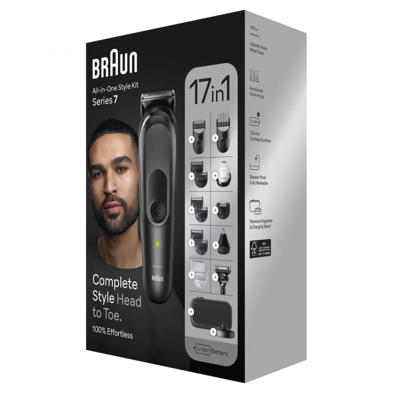 Braun MGK7491 17-in-1 Multi-Grooming Style Kit, Schwarz/Silber, kabellos, Li-Ion, 100 min Laufzeit