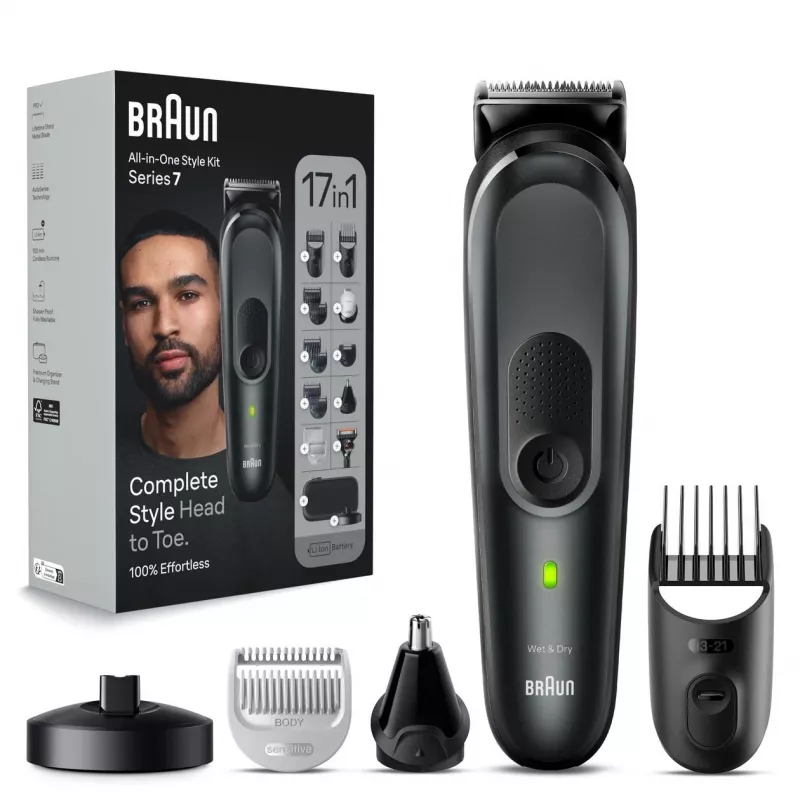 Braun MGK7491 17-in-1 Multi-Grooming Style Kit, Schwarz/Silber, kabellos, Li-Ion, 100 min Laufzeit