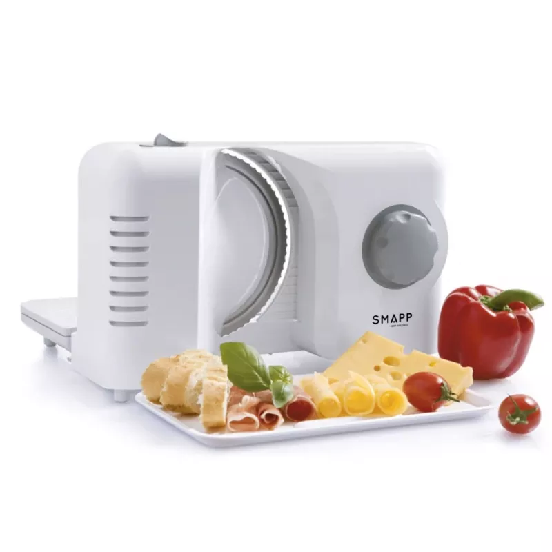 SMAPP 393.5 Elektrische Aufschnittmaschine, klappbar, 150 W, Edelstahlklinge, Weiß