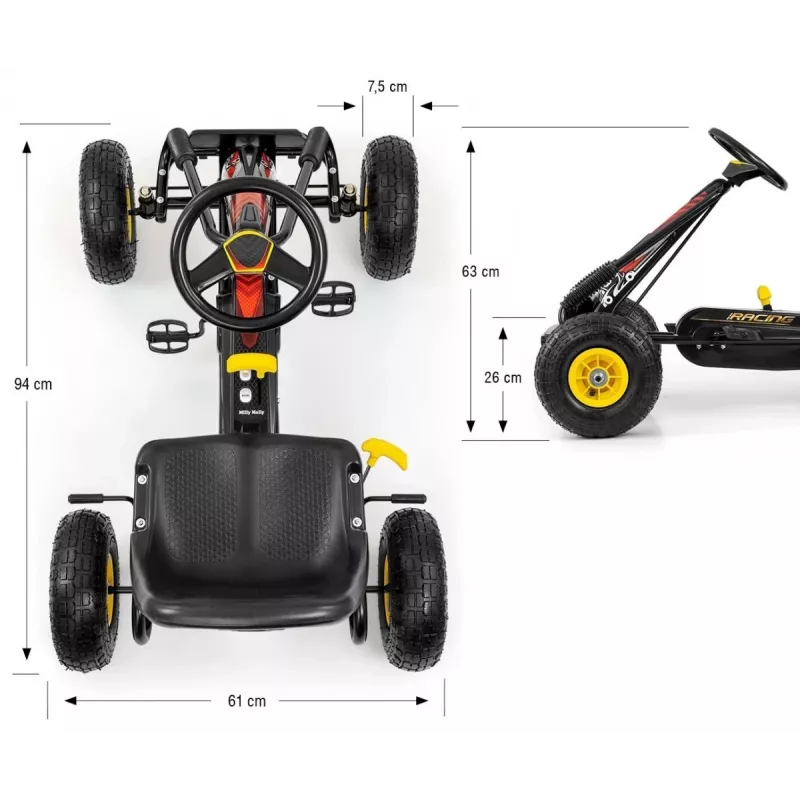 MILLY MALLY Pedal Go-Kart Thor Black, Stahlrahmen, EVA-Schaumräder, Handbremse, Vorwärts/Rückwärts, für Kinder 3-8 Jahre, max. Belastung 30 kg