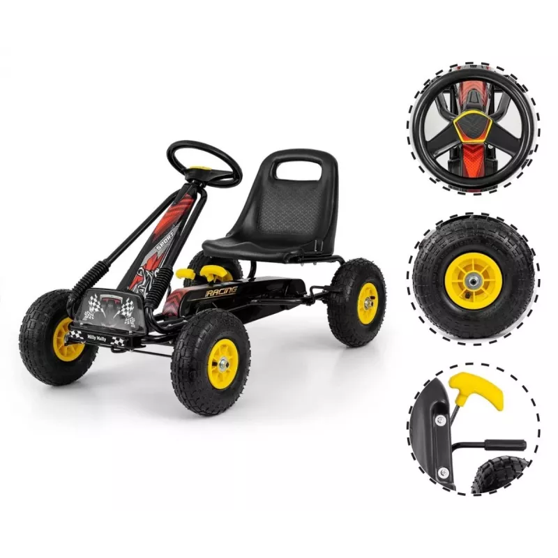 MILLY MALLY Pedal Go-Kart Thor Black, Stahlrahmen, EVA-Schaumräder, Handbremse, Vorwärts/Rückwärts, für Kinder 3-8 Jahre, max. Belastung 30 kg