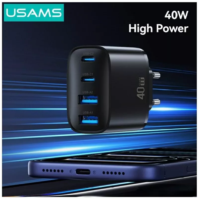 USAMS T70 40W 2xUSB-A 2xUSB-C Netzteil Schwarz