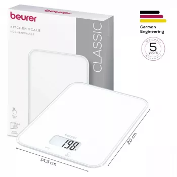 Beurer KS 19 Pure White Digitale Küchenwaage mit Sensortouch-Tasten, 5 kg Kapazität, 1 g Teilung, Tara-Funktion, LCD-Display