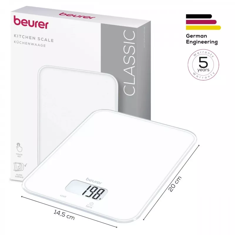 Beurer KS 19 Pure White Digitale Küchenwaage mit Sensortouch-Tasten, 5 kg Kapazität, 1 g Teilung, Tara-Funktion, LCD-Display