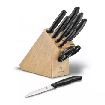 Victorinox Swiss Classic 9-teiliges Messerblock-Set, Buchenholz, schwarze Griffe
