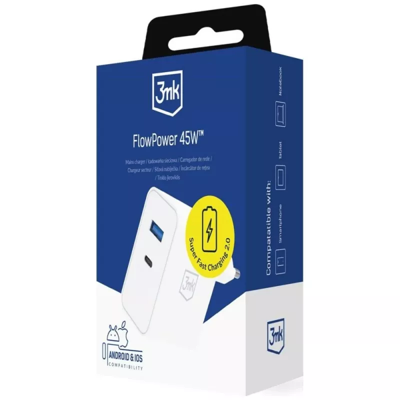 3MK FlowPower 45W PD 3.0 QC4+ GaN Charger White