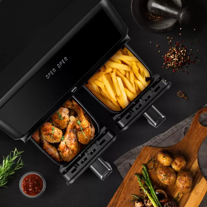 ELDOM FR210 DualCrisp Doppel-Heißluftfritteuse, 2200 W, 8 L Fassungsvermögen, LED-Display, Schwarz