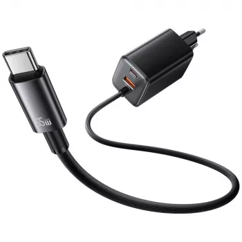 USAMS JC Series CC266 65W GaN Fast Charger mit integriertem USB-C-Kabel, Schwarz