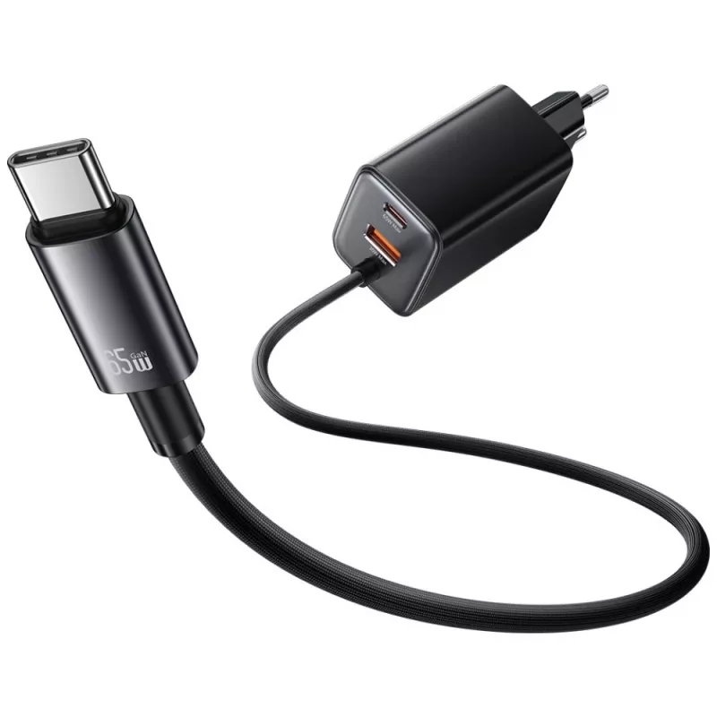 USAMS JC Series CC266 65W GaN Fast Charger mit integriertem USB-C-Kabel, Schwarz