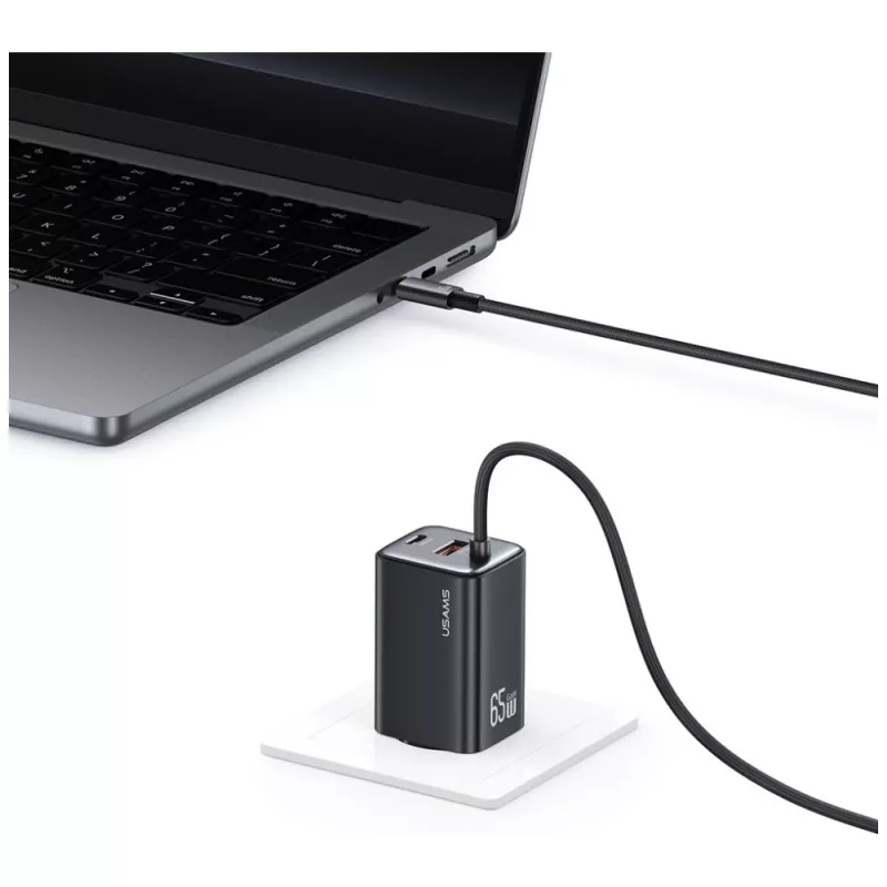 USAMS JC Series CC266 65W GaN Fast Charger mit integriertem USB-C-Kabel, Schwarz