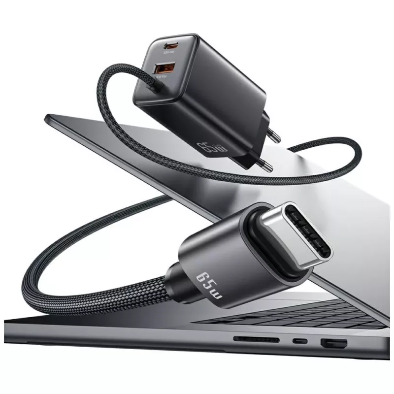 USAMS JC Series CC266 65W GaN Fast Charger mit integriertem USB-C-Kabel, Schwarz