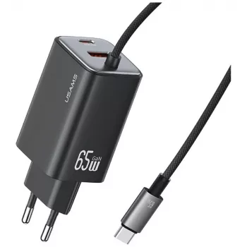 USAMS JC Series CC266 65W GaN Fast Charger mit integriertem USB-C-Kabel, Schwarz