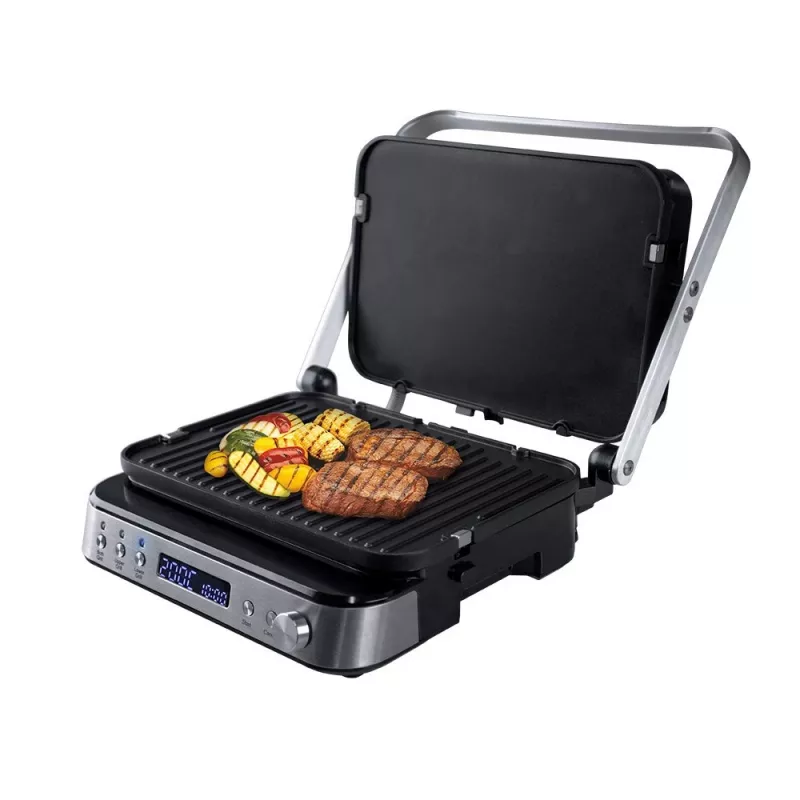 ELDOM GK200 GRILO Kontaktgrill 2000W mit einstellbarem Thermostat, antihaftbeschichtete Platten, Schwarz/Silber