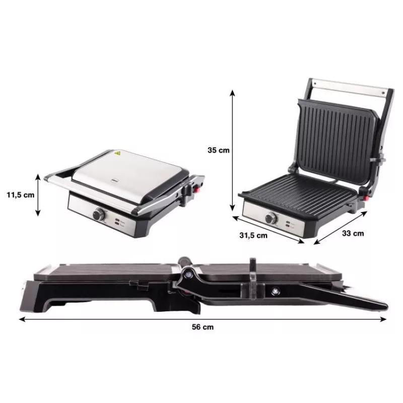 ELDOM GK200 GRILO Kontaktgrill 2000W mit einstellbarem Thermostat, antihaftbeschichtete Platten, Schwarz/Silber