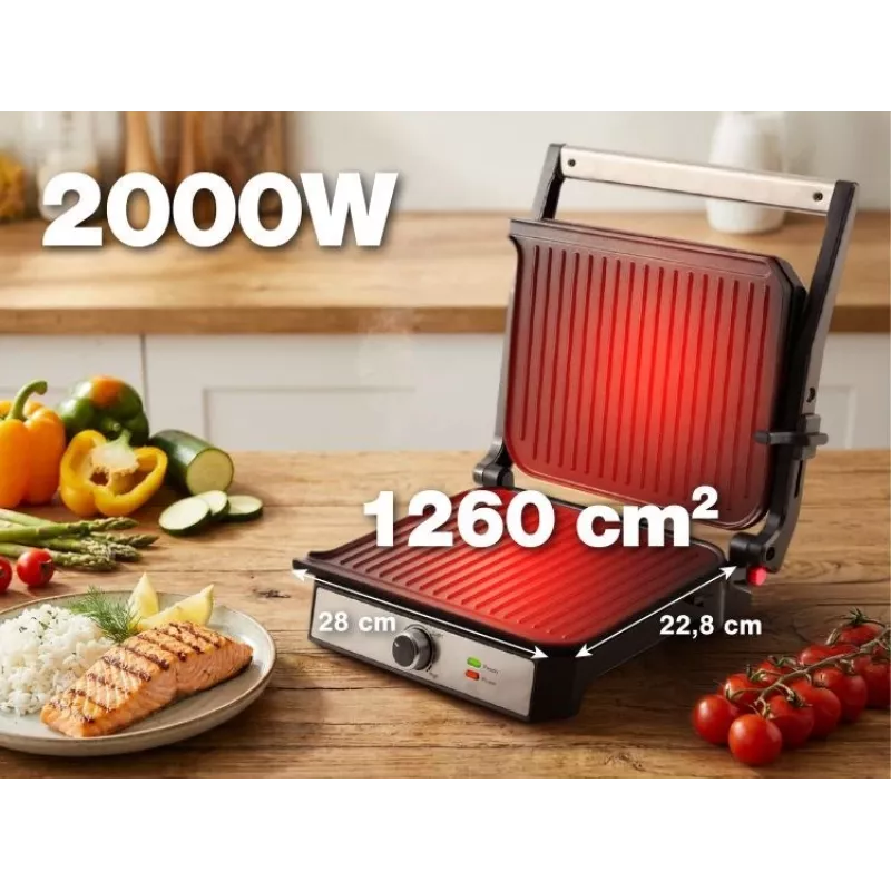 ELDOM GK200 GRILO Kontaktgrill 2000W mit einstellbarem Thermostat, antihaftbeschichtete Platten, Schwarz/Silber