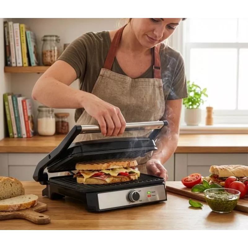 ELDOM GK200 GRILO Kontaktgrill 2000W mit einstellbarem Thermostat, antihaftbeschichtete Platten, Schwarz/Silber