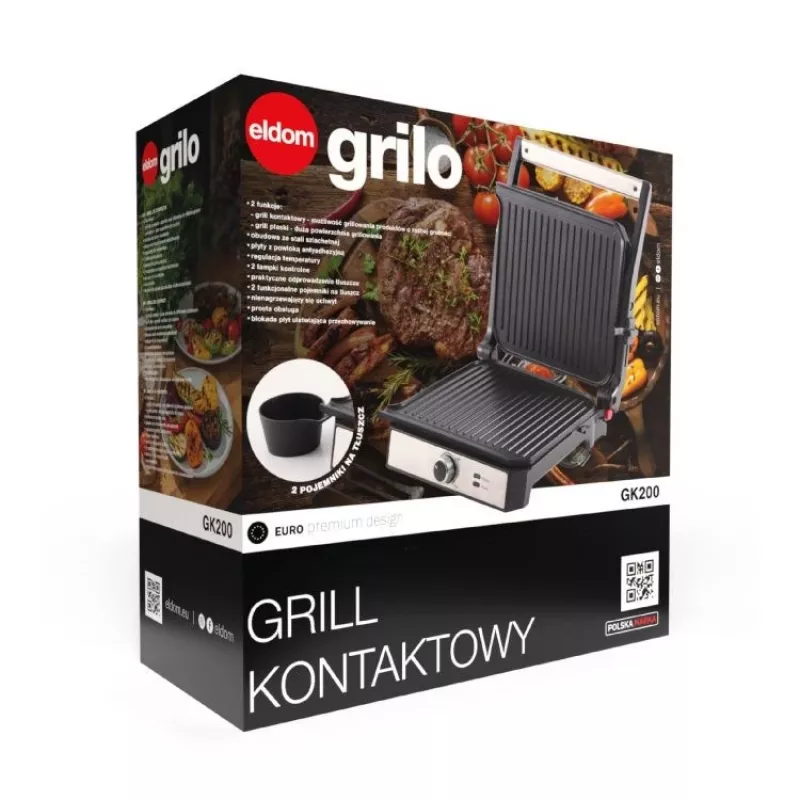 ELDOM GK200 GRILO Kontaktgrill 2000W mit einstellbarem Thermostat, antihaftbeschichtete Platten, Schwarz/Silber