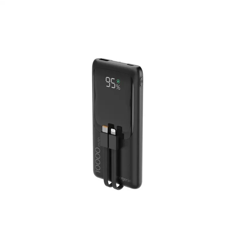 Gembird PB10-PD20-LCD-01 Powerbank mit integrierten Kabeln, Schnellladefunktion 20W, 10000 mAh, Schwarz