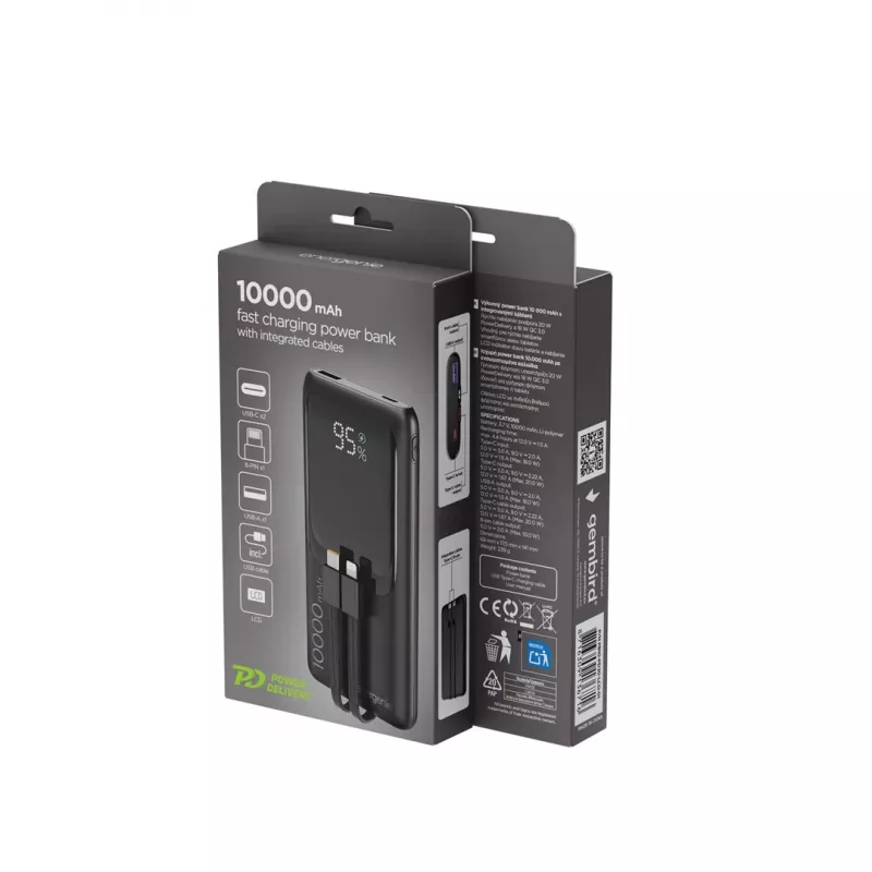Gembird PB10-PD20-LCD-01 Powerbank mit integrierten Kabeln, Schnellladefunktion 20W, 10000 mAh, Schwarz