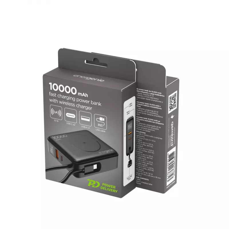Gembird PB10-WPC15-LCD-01 Schnelllade-Powerbank mit kabellosem Ladegerät, 20 W, 10000 mAh, Schwarz