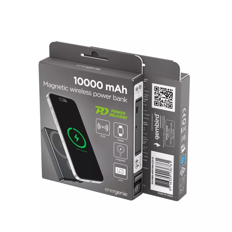 Gembird PB10-WPC15M-LCD-01 Magnetische kabellose Powerbank mit LCD, 15W, 10000 mAh, Schwarz
