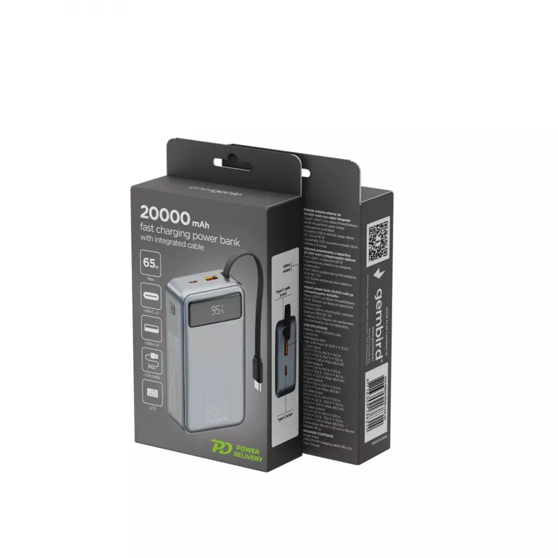 Gembird PB20-PD65-LCD-01 Schnelllade-Powerbank mit integrierten Kabeln, 65W, 20000 mAh, Schwarz