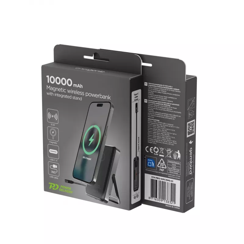Gembird PB10-WPC15MS-01 Magnetische Wireless Powerbank mit integriertem Standfuß, 15W, 10000 mAh, Schwarz