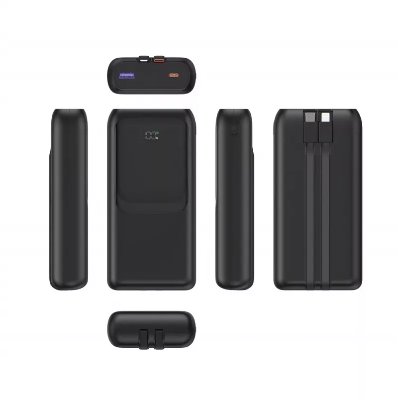 Gembird PB20-PD20-LCD-01 Schnelllade-Powerbank mit integrierten Kabeln, 20 W, 20000 mAh, Schwarz