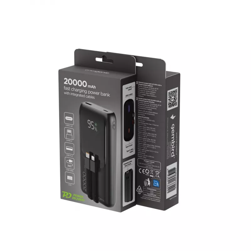 Gembird PB20-PD20-LCD-01 Schnelllade-Powerbank mit integrierten Kabeln, 20 W, 20000 mAh, Schwarz