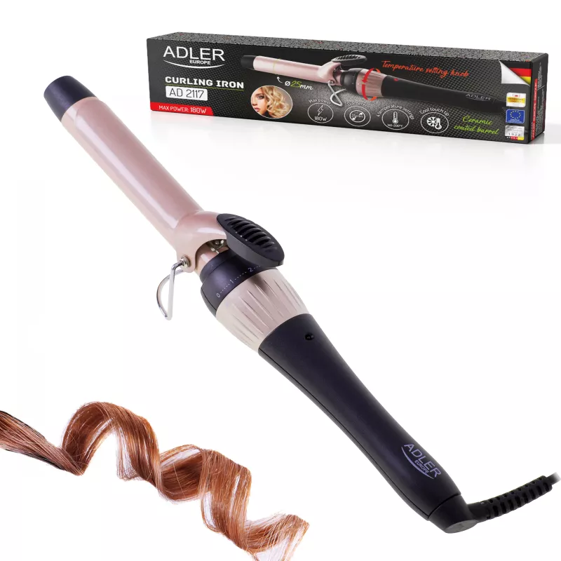 Adler AD 2117 Lockenstab mit Keramik-Heizsystem, 25 mm Zylinder, 200 °C, 45 W, Schwarz/Rosa