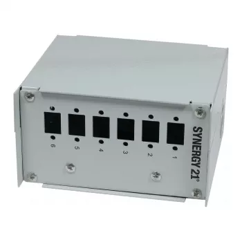 Synergy21 LWL-Patchpanel für Hutschiene, 6x LC-Duplex/SC-Simplex-Adapter, ohne Kupplungen, Lichtgrau (RAL 7035)
